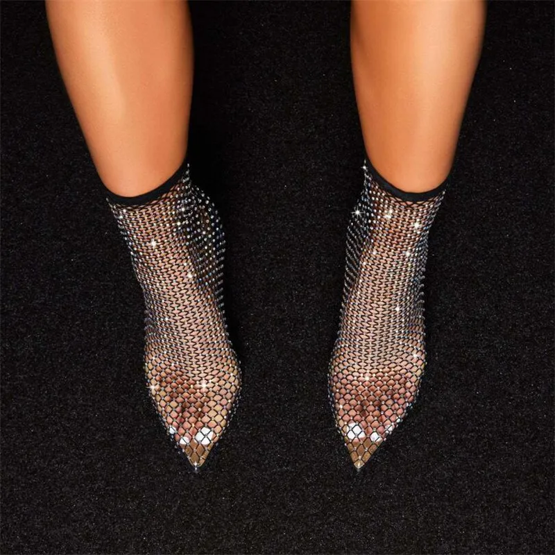 Новинка Сезон весна Сапоги из сетчатого материала с украшением в виде кристаллов