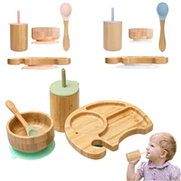 4pcs1set baby feeding tools silicone toddler bibs bamboo wooden elephant dinner plate bowls straw cup tableware stuff baby gift