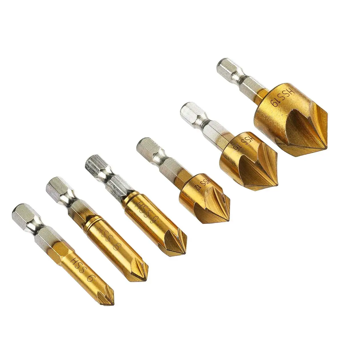 

6pcs/kit 6mm-19mm 5 Flute HSS Countersink Chamfer Drill Bit 1/4" Shank Titanium Coated Woodworking Core Power Tool Accessories