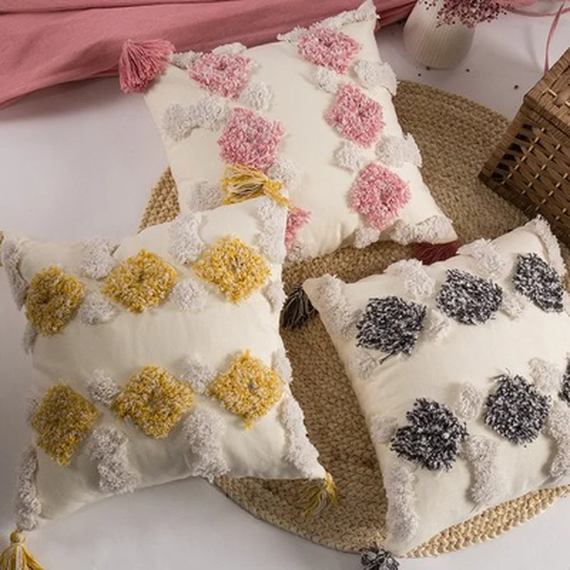 

Zipper Cushion Cover 45x45cm Moroccan Style Tuft Tassels Handmade Decoration Pillow Cover Pink Blue Yellow for Sofa Throw Pillow