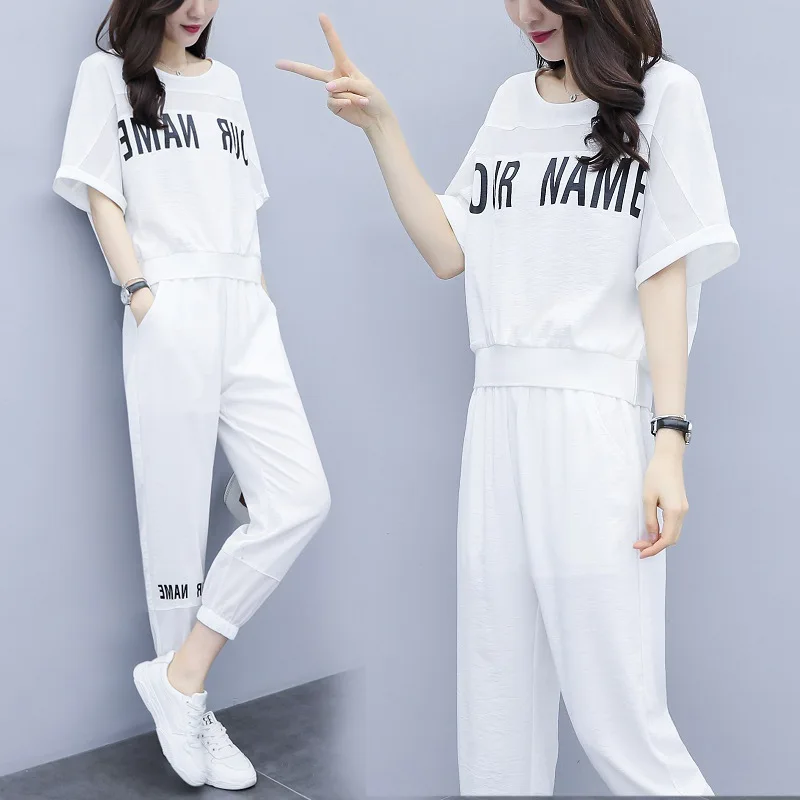 

Woman Summer 2PCS Set Sports Suit Fashion Letter Printing Tops+Loose Pants Sets Tracksuit Two Piece Sets Female Sportswear