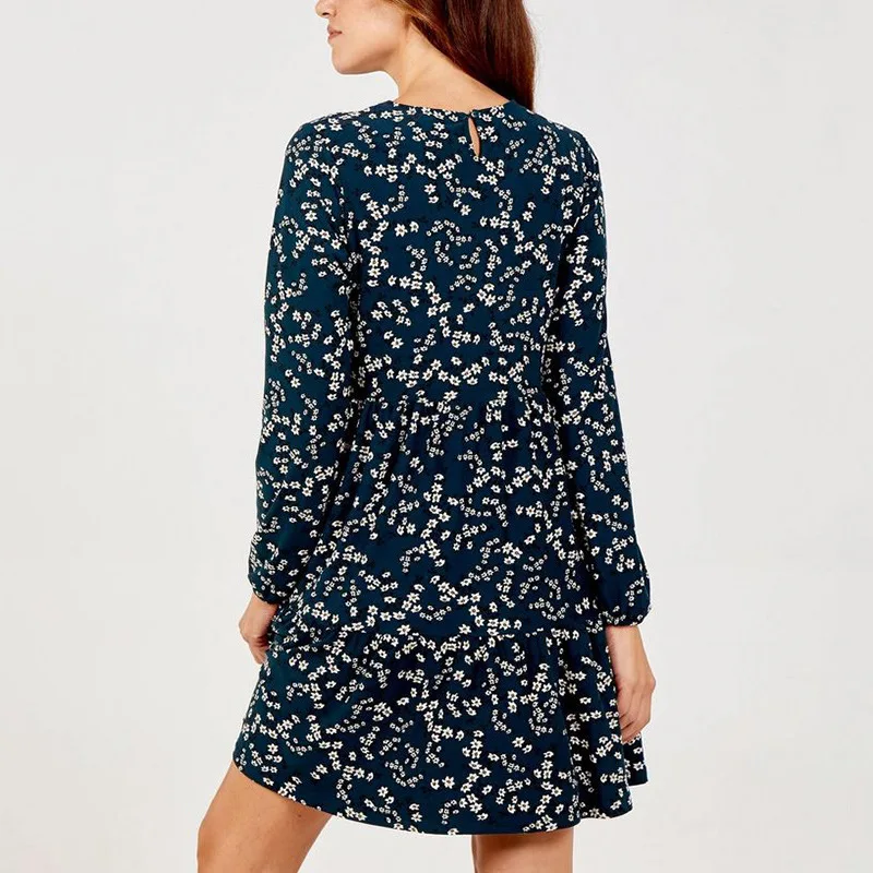 

Best New Summer Spring Women Dress Printing Versatile Wave Point O-Neck Long Sleeve Chiffon Medium Waist Female A-Line Skirt SD2