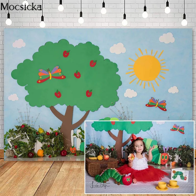 

Red Apple Green Tree Photography Backdrops Children Birthday Cake Smash Photocall Background Photo Studio Dragonfly Floral Decor