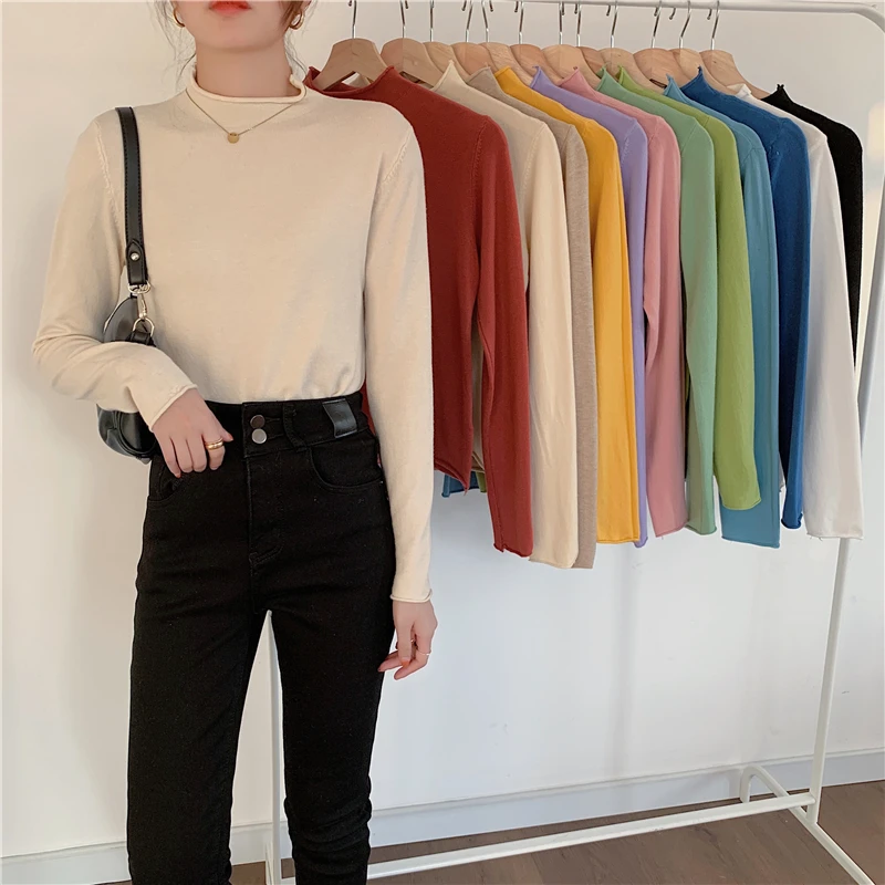 

Top Women's Sweater 2021 Fall Half Turtleneck Core-spun Yarn Bottom Shirt Stretch Slim Lined Long Sleeve T-shirt Knitwear