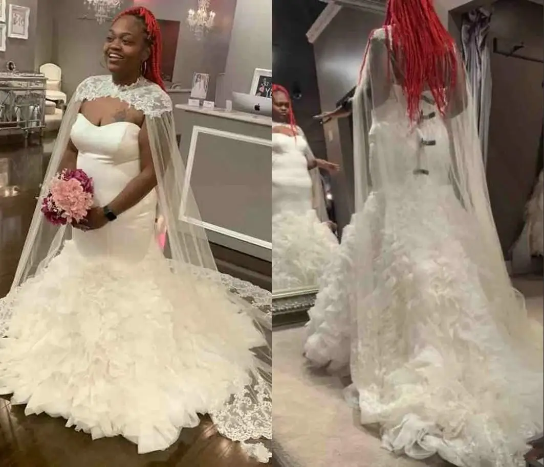 

African Big Wrap Mermaid Plus size Wedding Dresses 2021 Sweetheart Ruffled Bottom Court Train Country Wedding Bridal Gowns Dress
