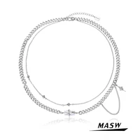 masw original design luxury aaa zircon pendant necklace 2021 new trend two layer silver color metal chain necklace for women