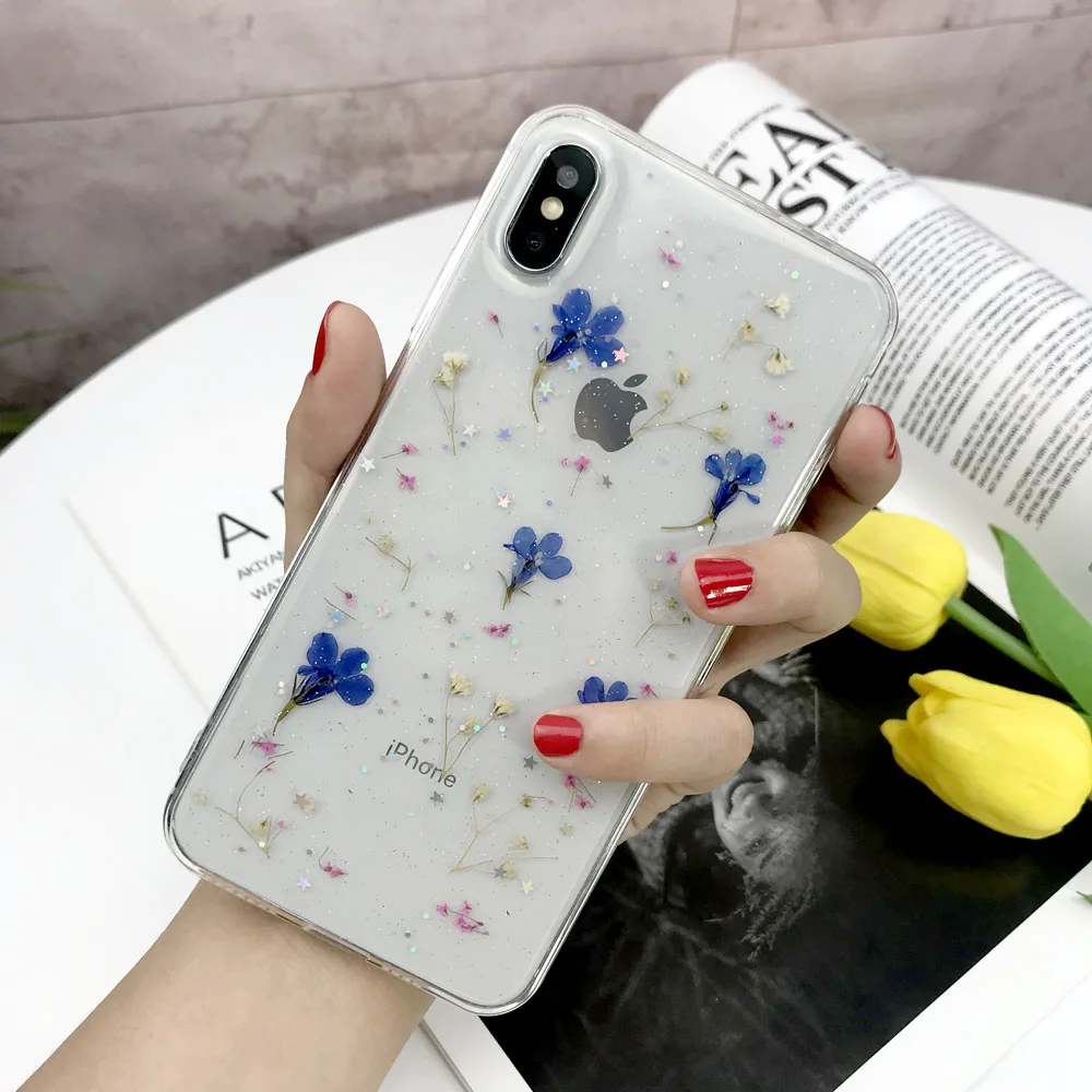 Настоящие сухие цветы чехол для iphone 7 8 Plus X чехол для iphone 11 Pro XR X XS Max 8 7 6S 6 Plus чехол силиконовый чехол для телефона s - Цвет: Royal Blue
