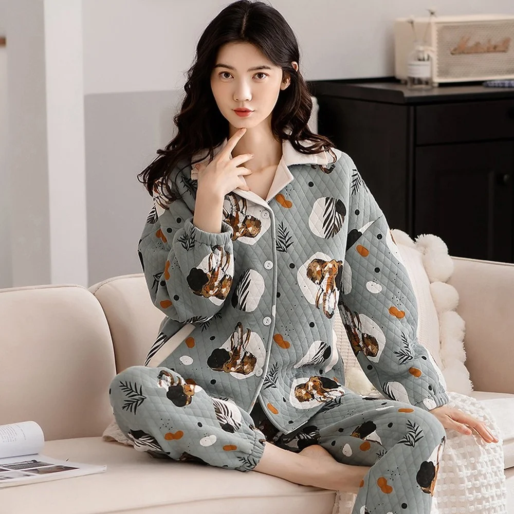Pure Cotton Women's Pajamas Sandwich Set Pajamas for Women Cardigan Thicken Warm Homewear Sleepwear Winter pyjama pour femme