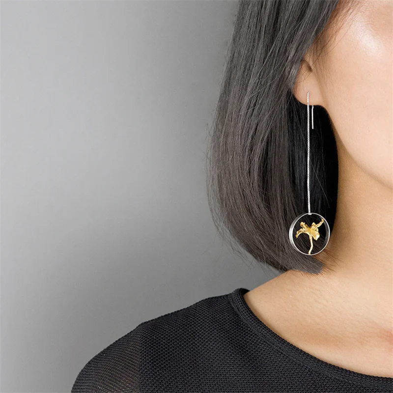 INATURE 925 стерлингового серебра Ирис “Цветок” с крупными круг нити свисающие