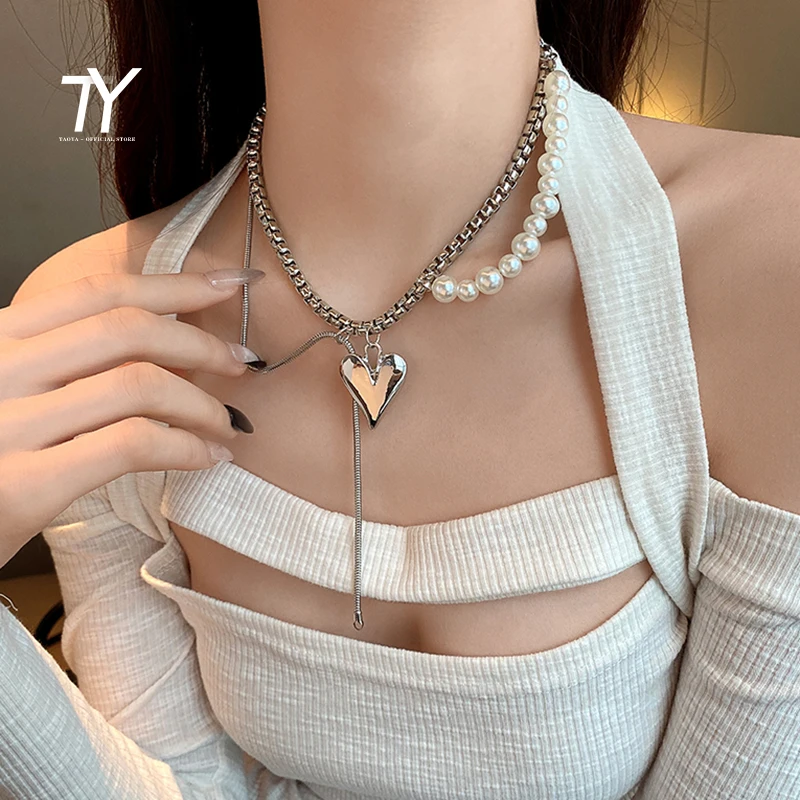

2021 Hip Hop Love Pearl Tassel Necklace For Woman Korean Fashion Heart-Shaped Choker Jewelry Gothic Girl's Sexy Clavicle Chain