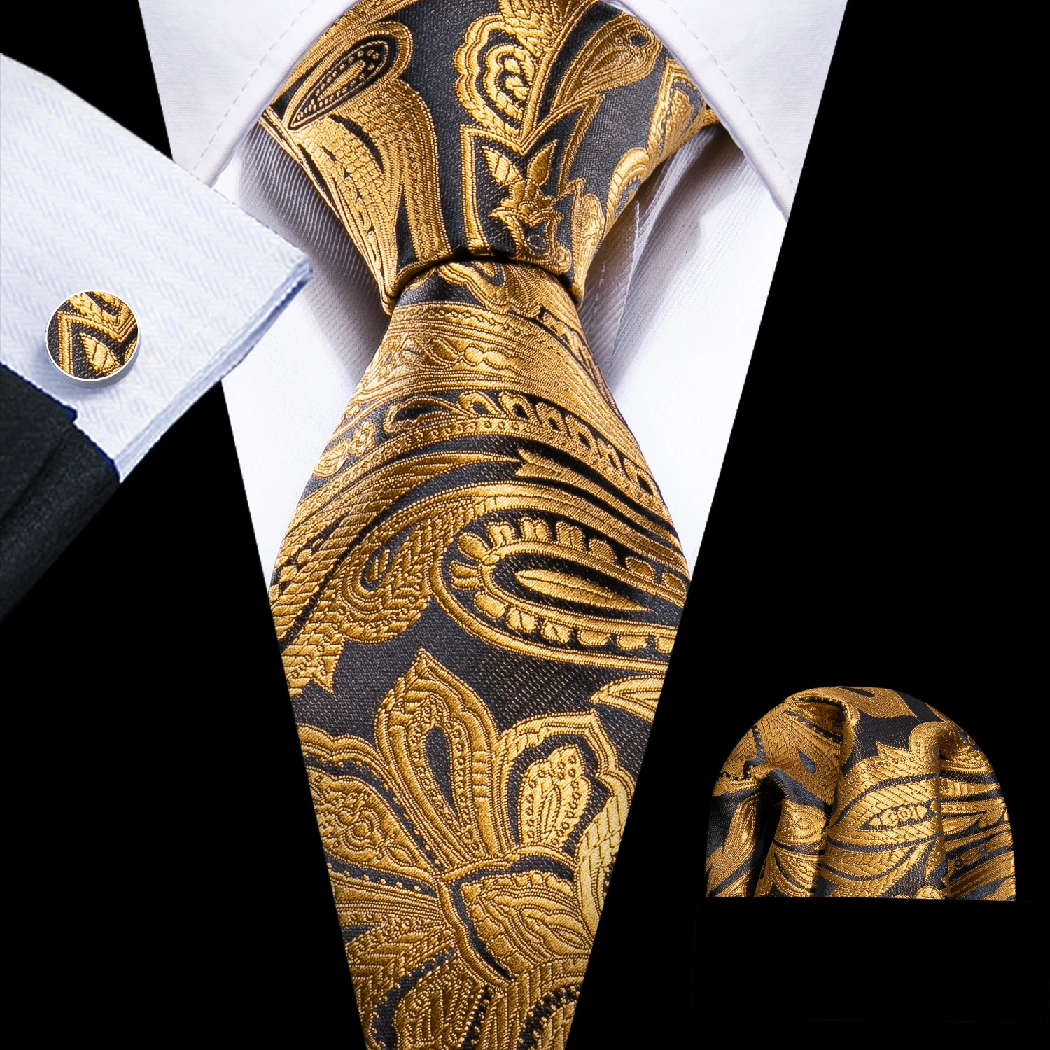 Модный золотистый мужской свадебный галстук с пейсли, шелковые галстуки 8,5 см, деловой платок, запонка, галстук, искусственная бриллиант