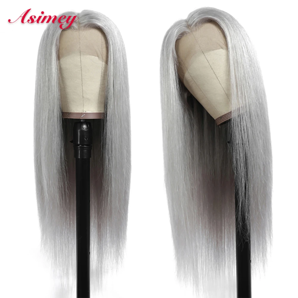 

Asimey Human Hair Lace Front Wigs Grey Straight Ombre Colored Silver Wig 30 32in 13x4 4X4 Pre Plucked 100% Virgin Remy For Women