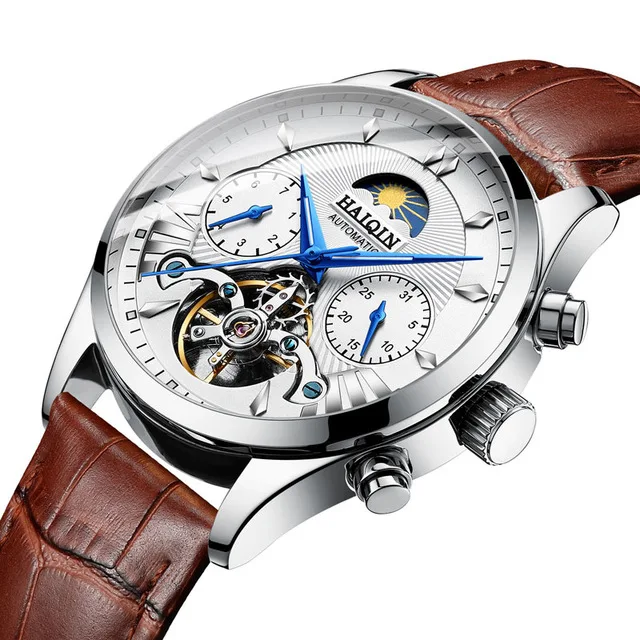 L-Silver White HAIQIN автоматические механические часы, спортивные часы, модные повседневные часы с ремешком из нержавеющей стали, кожаные Наручные часы для мужчин, Relogio Masculino - Цвет: L-Silver White