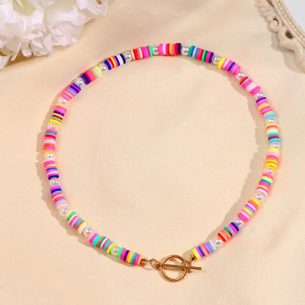 

JUST FEEL Colorful Soft Polymer Clay Pearl Beads OT Buckle Necklace For Women Handmade Beaded Choker Necklace Bohemia Jewelry
