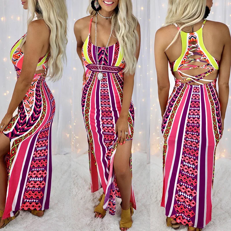 

Mandylandy Women Elegant Summer Patchwork Print Strap Dress Ladies Sexy Sleeveless Halter Hollow Out High Split Long Dress