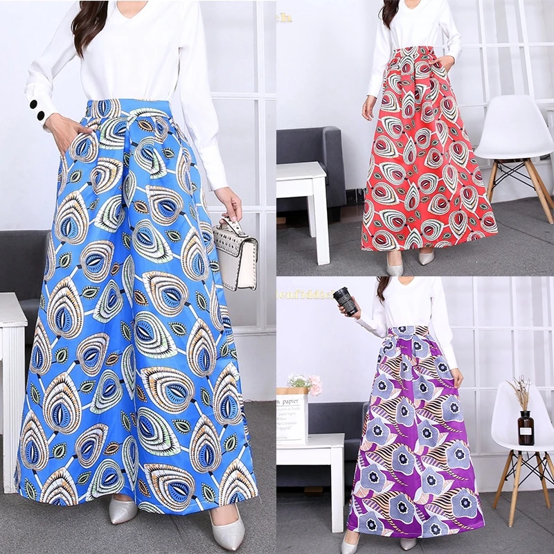 

Women's Maxi Stain Print Skirts Elastic Stretch Waist Floral Skirts High Waist Pockets Skirt Vintage Ball Gown Ankle-Length