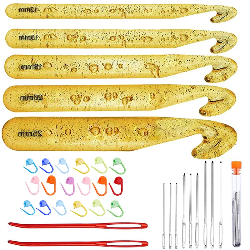 

LMDZ Huge Crochet Hook Set 9 Pcs Large Eye Blunt Needles12mm-25mm Large Size Yarn Crochet Hooks Needles with 20 Stitch Markers
