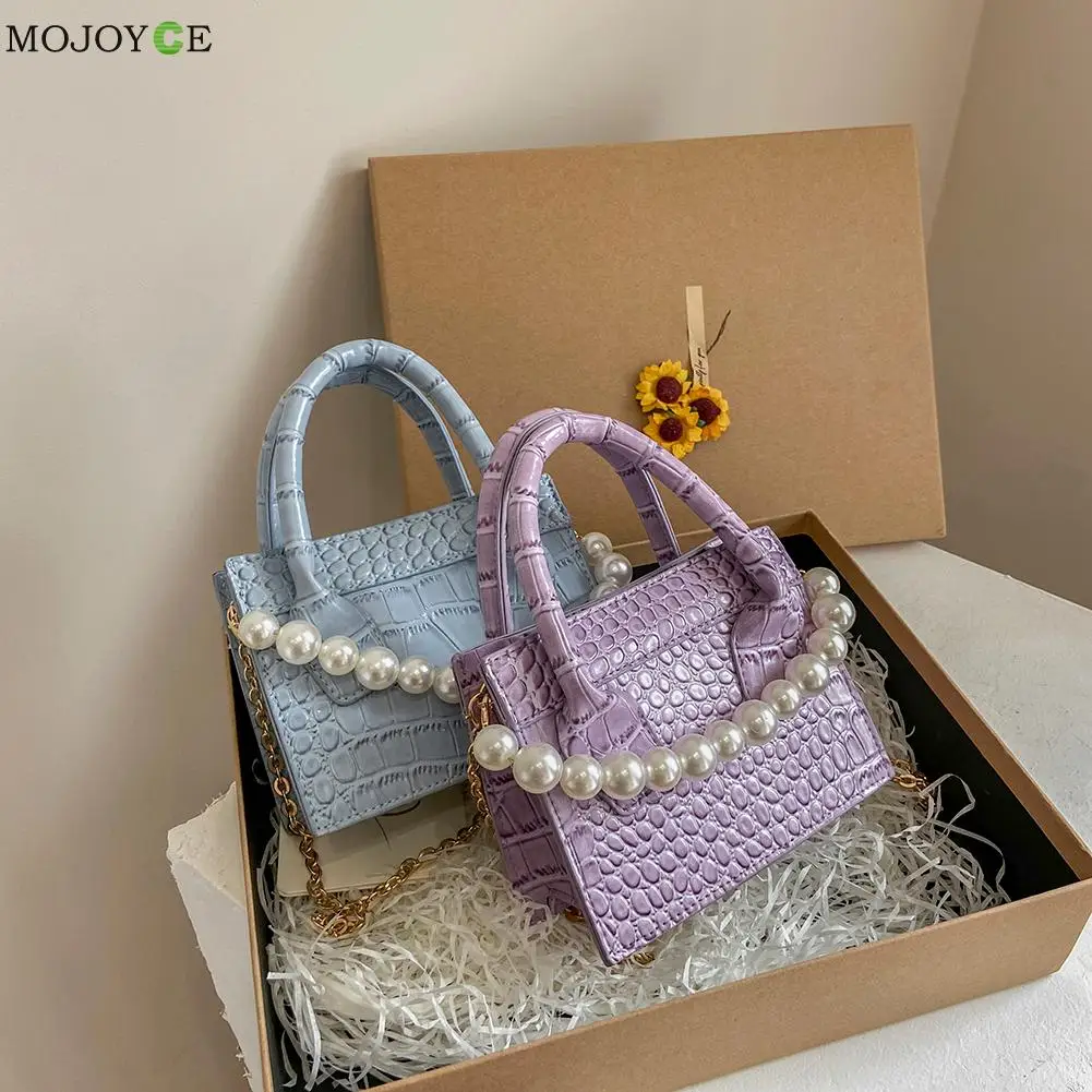 

Pearl Chain Messenger Bag Fashion Women Alligator Pattern PU Shoulder Handbag Vintage Luxury Designer Women Handbags