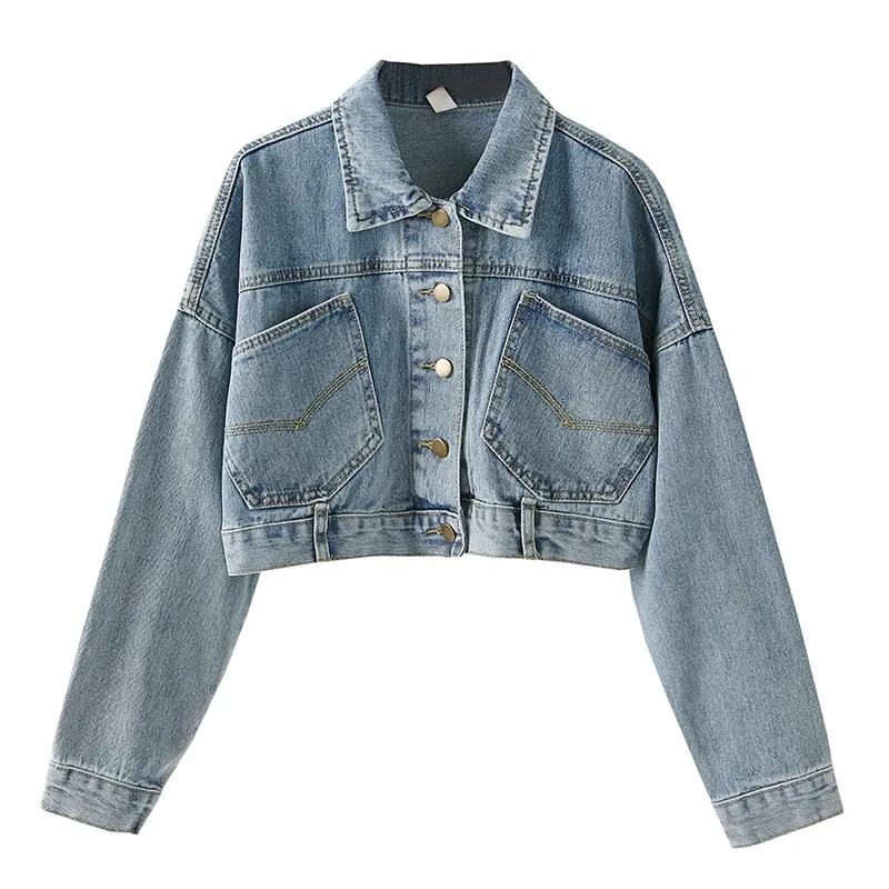 

Женская джинсовая куртка с рукавом «летучая мышь» и пуговицами сзади