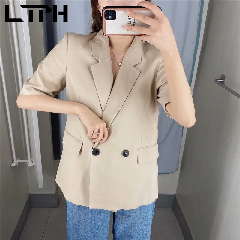 LTPH-traje vintage francés para mujer, conjunto de 2 piezas, chaqueta de negocios con bolsillos, pantalones cortos informales de cintura alta, novedad de verano 2021