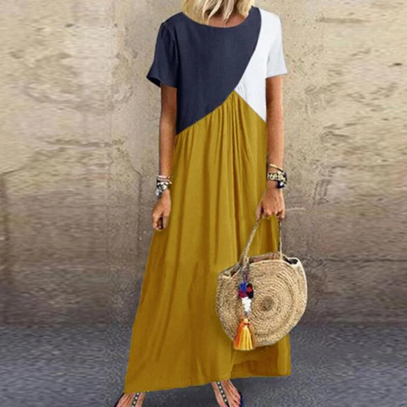 

2021 Women Sundress Long Dresses Female Summer Dress Short Sleeve Color Loose Plus Size Vestidos