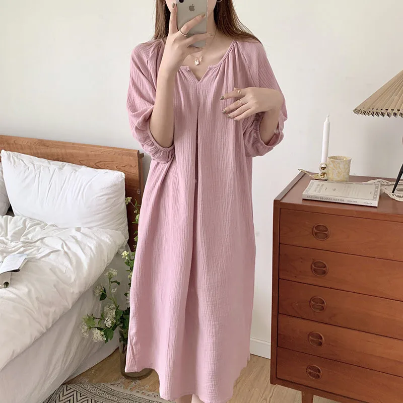

Korean Elegant V Neck Nightdress For Women Casual Loose Sleepwear Full Cotton 3/4 Sleeve Summer Nightgowns Female Dress