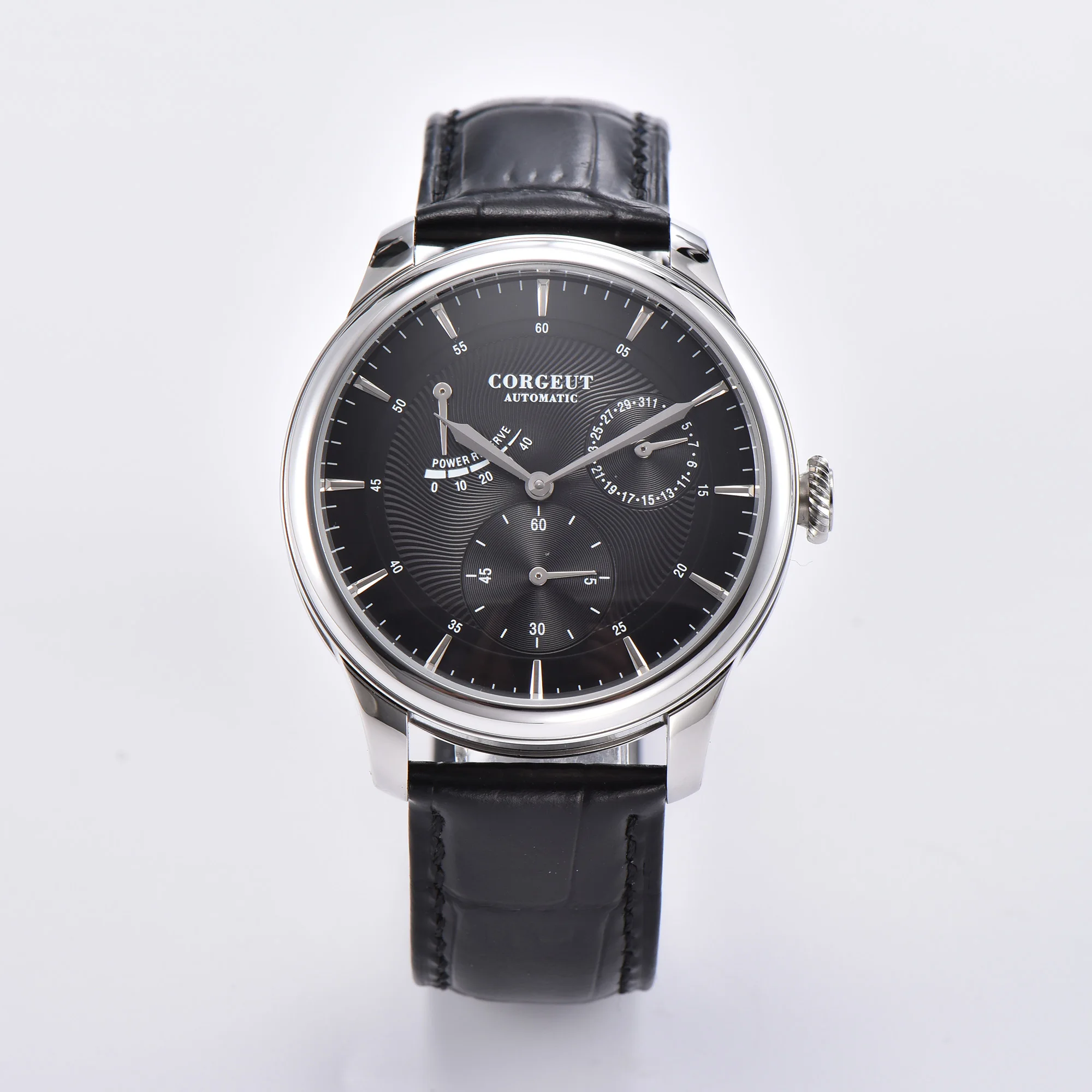 

Corgeut -40mm Power Reserve Mens Watch Black Dial Steel Case Leather ST1780 Luxury Automatic Clock Wristwatches Mens Top Brand