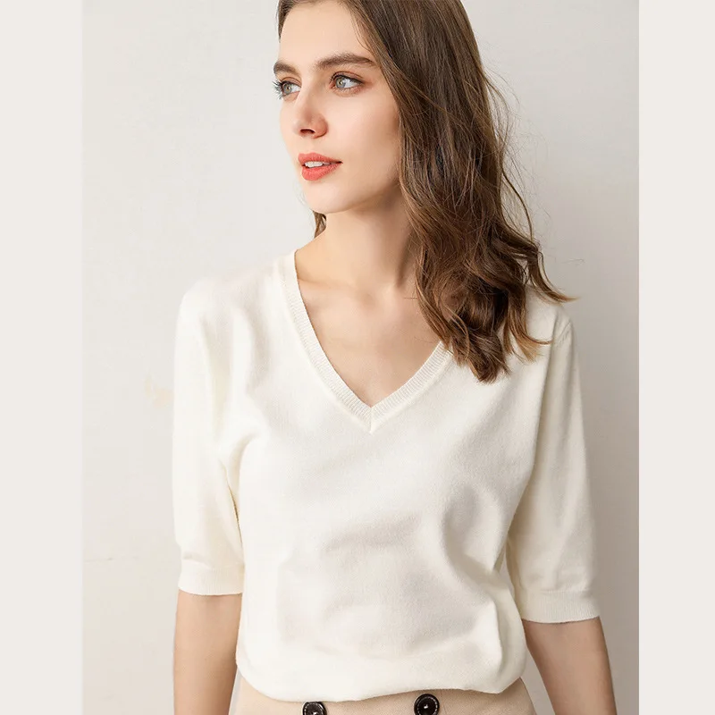 

2021 Spring Summer New knitwear Women Pullover Solid V-neck Short Five-point sleeve Knit Thin Sweater Casual Jumpers Ladies Tops