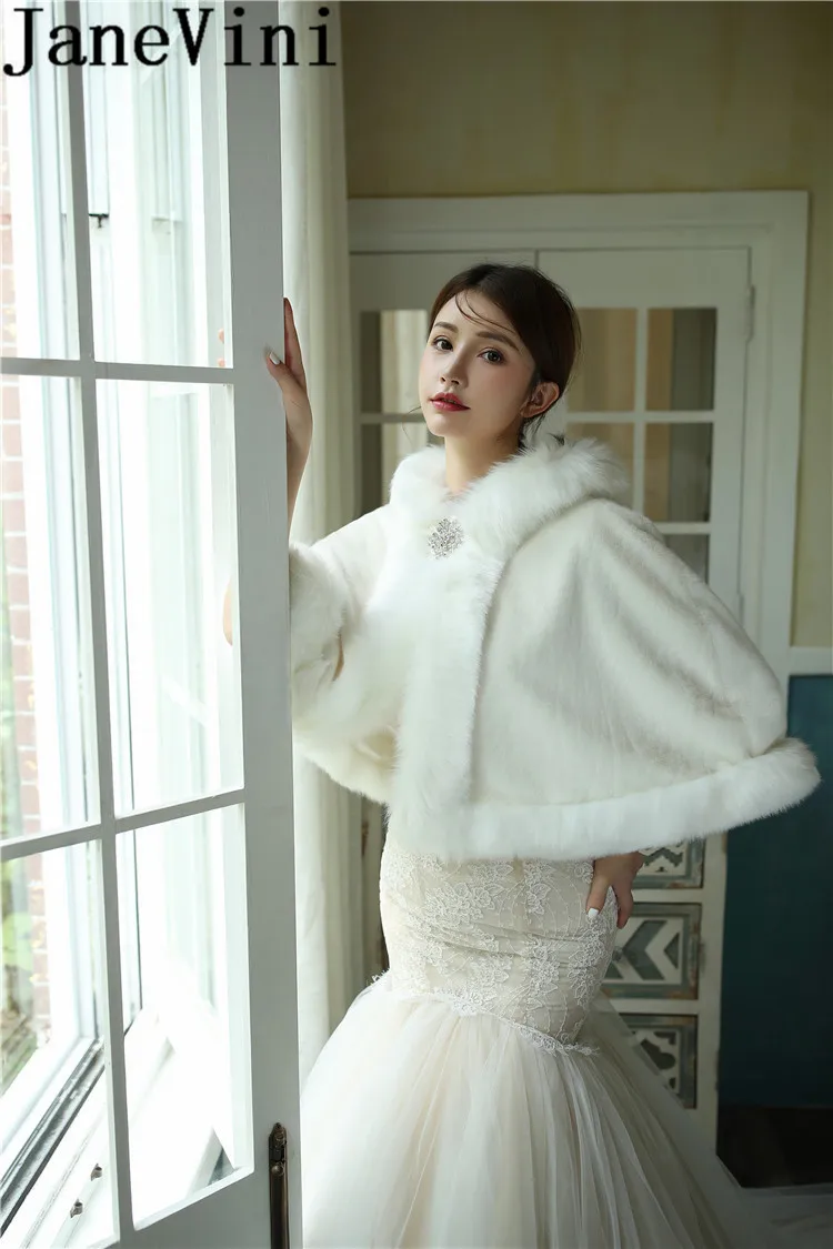 JaneVini свадебное пальто накидки невесты с капюшоном Осень зима 2020 шуба из