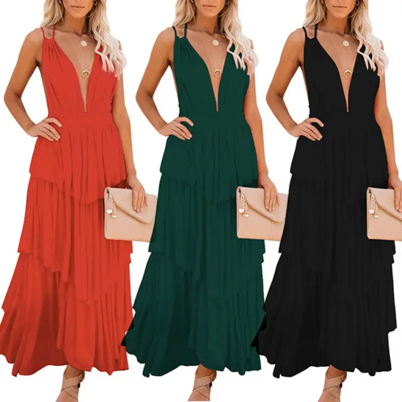 

Женское платье-макси с V-образным вырезом и открытой спиной