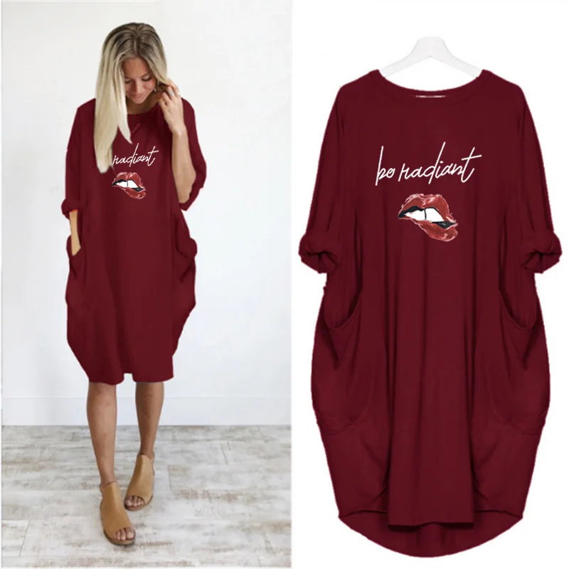 

Loose Midi Dresses Women Plus Size Lips Letter Print Long Sleeve O Collar Pocket Casual Party Streetwear Vestido Robes Mujer
