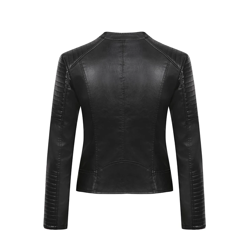 

Ailegogo New Women Autumn White Zipper Faux Leather Jacket Motorcycle O-neck Pu Streetwear Coat Female Fashion Black Slim Tops