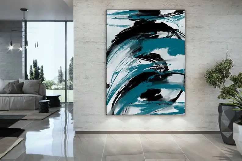 

Painting on Canvas Modern Home Decor Contemporary Art Abstract Painting Textured Modern Large Original Turquoise Black Oil