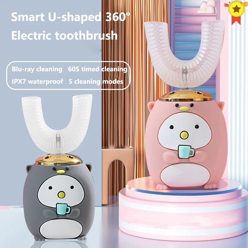 

360 Degrees Smart Automatic Sonic U Shape Electronic Toothbrush USB Rechargeable XaoMi kids Cartoon Pattern 5 Mode Blu-ray clean