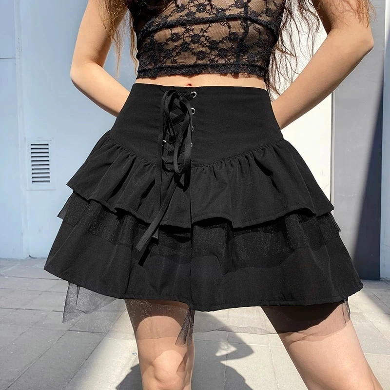 

Ladies skirt for dating, travel, beach seaside shopping holidays, lace and waist (plaid/pure black) tulle skirt