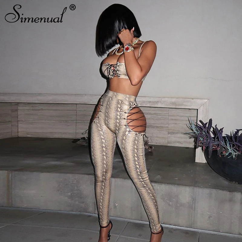 

Simenual Serpentine Lace Up Sexy Two Piece Sets Women Strap Camis And Pants Midnight Clubwear Co-ord Set Skinny Wild Hollow Out