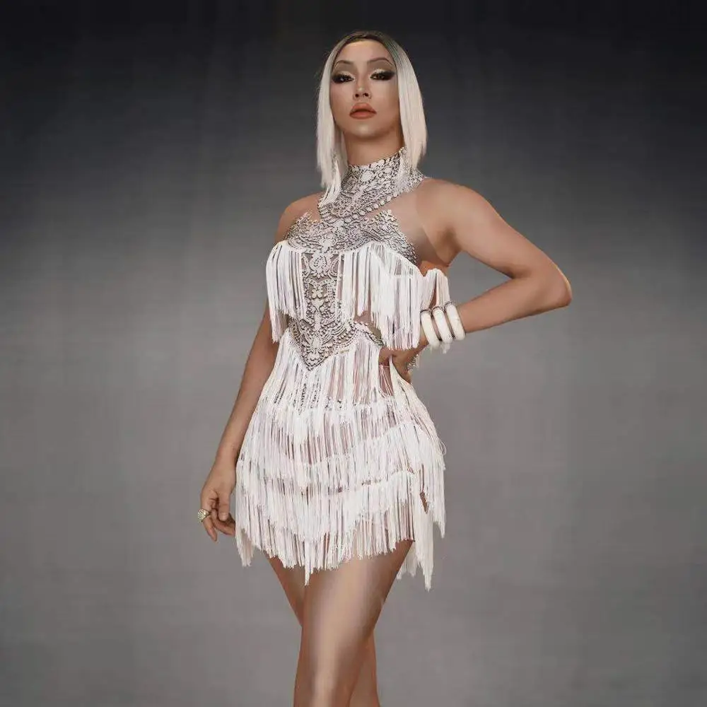 

Women Tassels Slim Bodysuits Leotard Female Nightclub Clothes Women Stage Performance Costumes Designers White Skirt Pole Dance