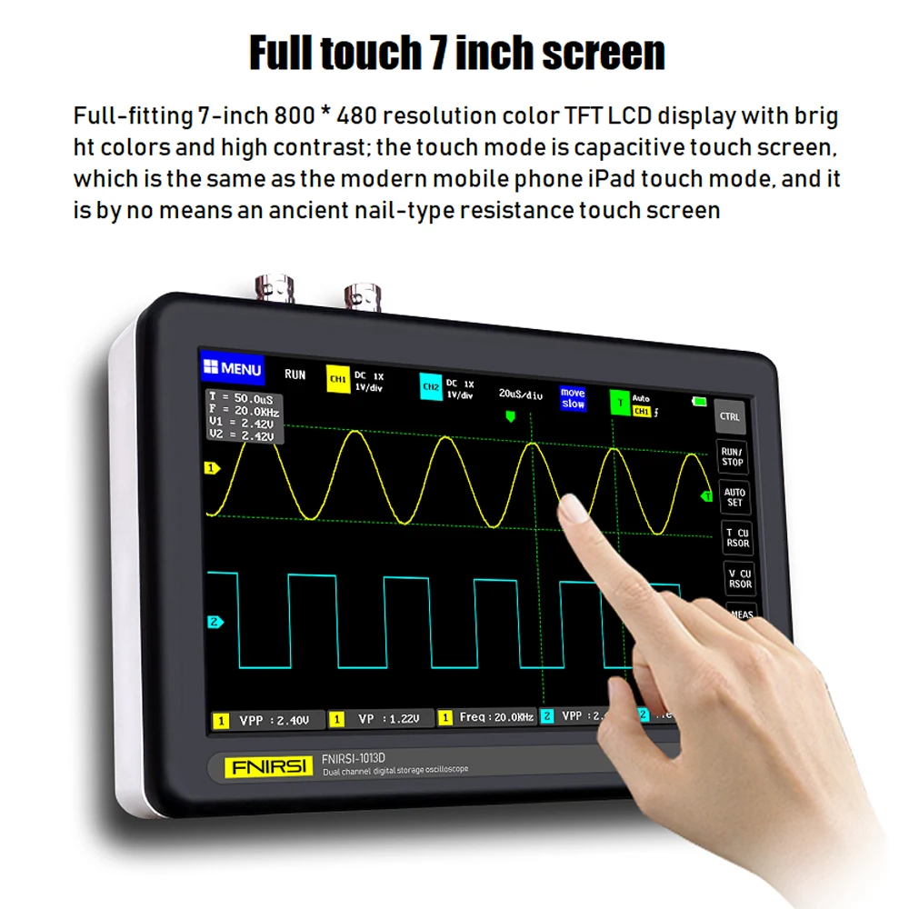 

1013D 2 Channels 100MHz Band Width 1GSa/s Sampling Rate Oscilloscope with 7 Inch Color TFT LCD Touching Screen