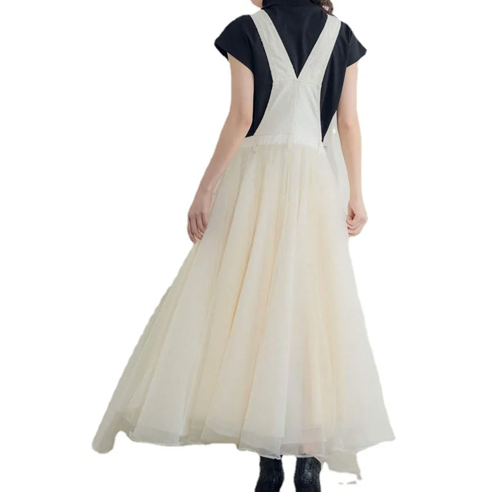 

Women Dress Summer 2021 New Japanese Solid Color Stitching Mesh High Waist Big Swing Skirt Strap Long Women's Clothing Slim