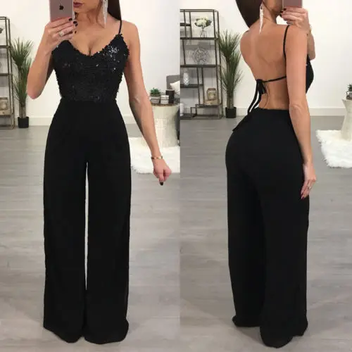 

Zoulv Wide Leg Pants Black Romper Loose Trousers Women Sequins Rompers V Neck Clubwear Halter Playsuit Bodycon Party Jumpsuit