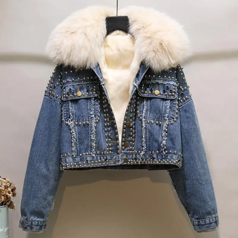 fox fur rivet cropped denim jacket korean jeans jacket women fashion jackets 2021 new winter thick loose veste femme