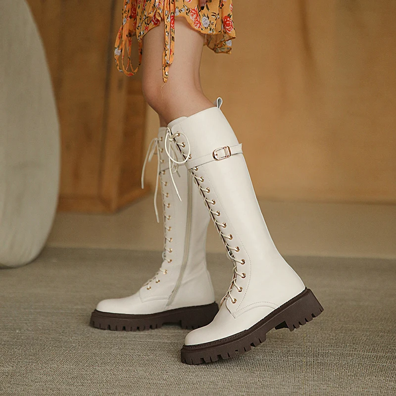 

MoonMeek 2021 New Arrival Winter Women Boots High Quality Genuine Leather Boots Med Heels Round Toe Lace Up Knee High Boots