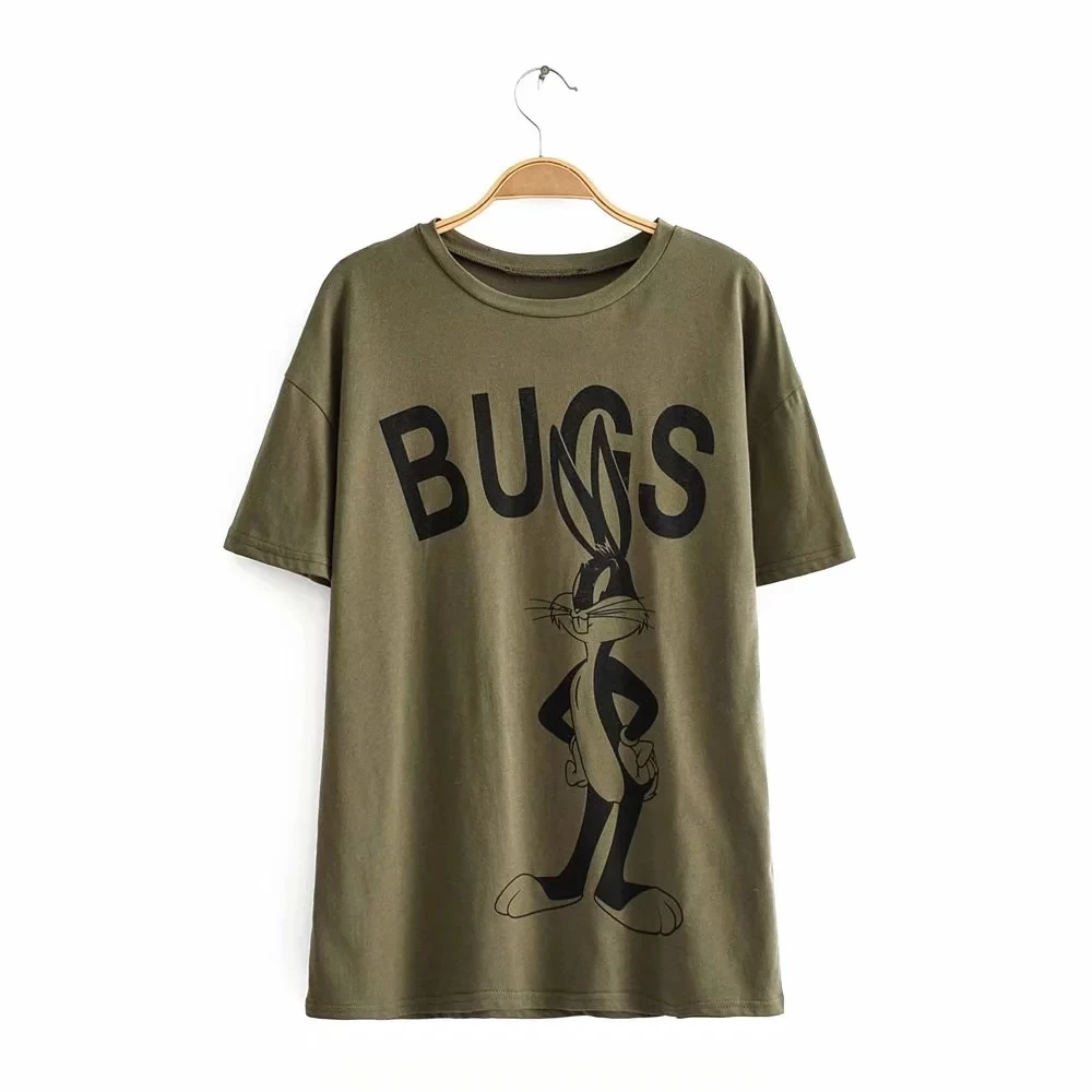 Модная футболка с кроликом Топы оверсайз Bugs Футболка harajuku женские топы футболки из хлопка с коротким принтом - Цвет: Армейский зеленый