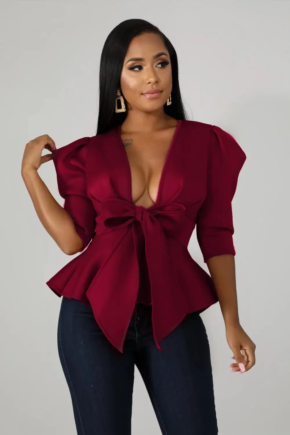 

Women Ruffled Bowknot Puff Sleeve Top Fashion Sexy V-neck Ruffled Hem Top Office Ladies Clothing