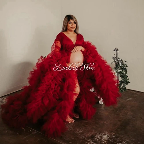 

Gorgeous Puffy Red Tulle Maternity Women Dresses Ruffles Lush A-Line Jacket Formal Dress Robe Nightgown To Photohraphy