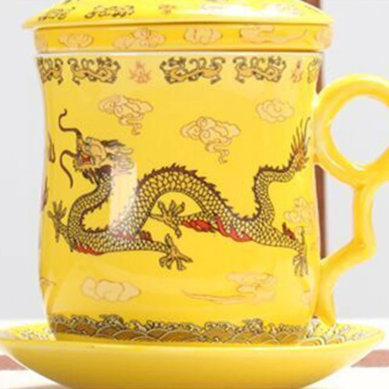 

S et of Chinese Pattern Tea-Mug with Strainer Infuser and Lid and Saucer Ceramic Tea Mug Convenient System Chinese Porcelain