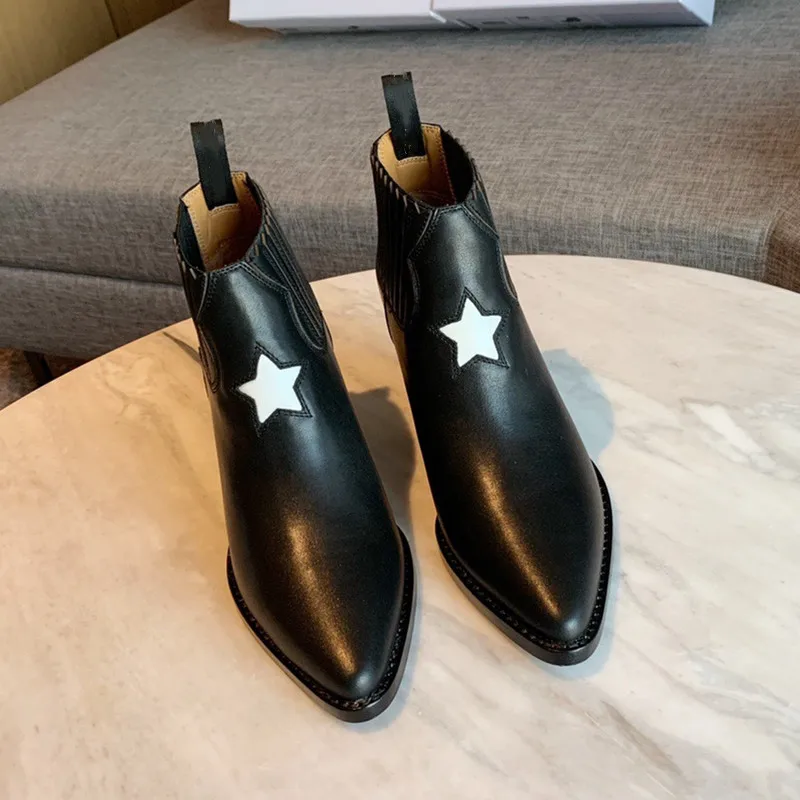 

Star Design Pointed Toe Low Heels Ankle Boots For Women Luxury Brand Solid Color Genuine Leather Short Boot Winter Warm Boots