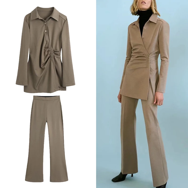 

ZA Spring Autumn Women Pleat Blouse+Flare Long Pants Set Solid Turn Down Collar Long Sleeve Tops High Waist Pants Girl Outfits