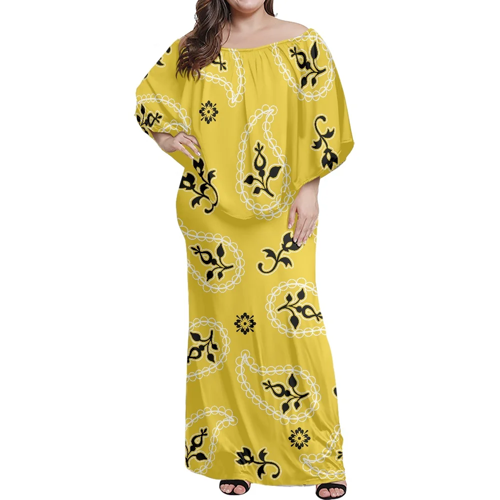 

2022 New Year's Eve Off-The-Shoulder Short Sleeves Big Front Swing Plus Size Dress Polynesian Tribe Bandana Print Summer Evening