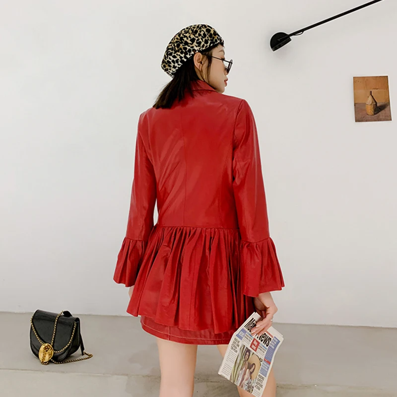 Женское кожаное платье с двойными пуговицами элегантное из натуральной овечьей